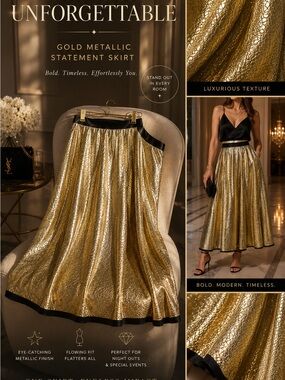 Gold Metallic Statement Skirt - Luxe Evening Midi